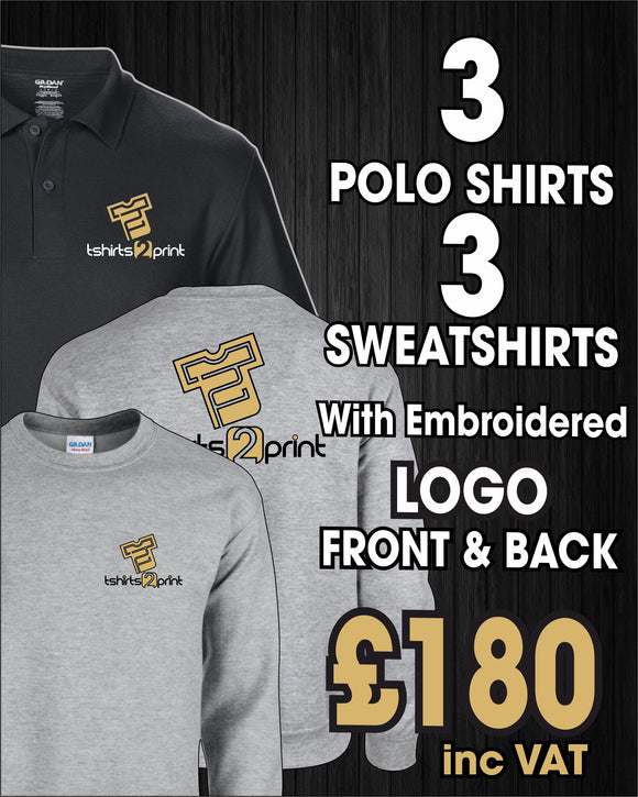 3 x Polos, 3 X Sweatshirts with Embroidered LOGO on front & EMBROIDERED logo on back