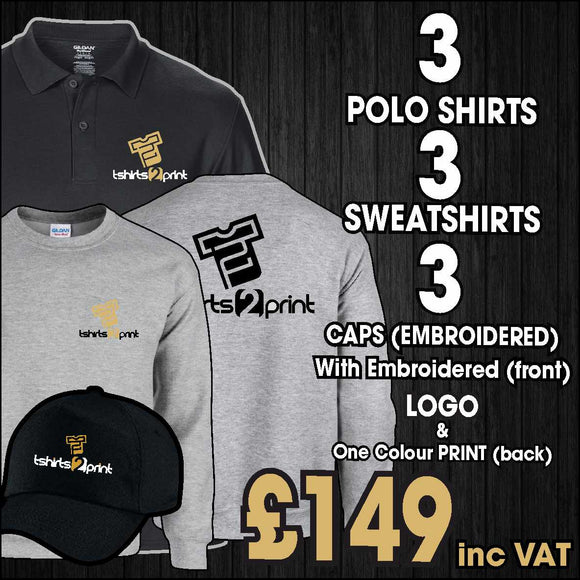 FASTFOOD/TAKEAWAY DEAL - 3 POLOS, 3 SWEATSHIRTS, & 3 CAPS WITH EMBROIDERED LOGO