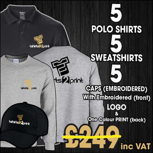 FASTFOOD/TAKEAWAY DEAL - 5 POLOS, 5 SWEATSHIRTS, & 5 CAPS WITH EMBROIDERED LOGO
