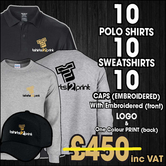 FASTFOOD/TAKEAWAY DEAL - 10 POLOS, 10 SWEATSHIRTS, & 10 CAPS WITH EMBROIDERED LOGO