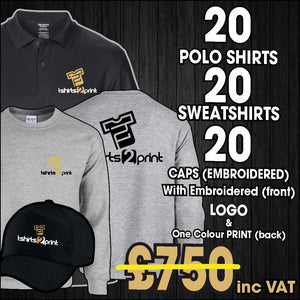 FASTFOOD/TAKEAWAY DEAL - 20 POLOS, 20 SWEATSHIRTS, & 20 CAPS WITH EMBROIDERED LOGO