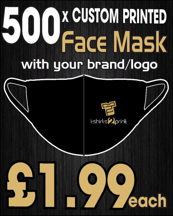 500 x Facemasks with CUSTOM PRINTED LOGO