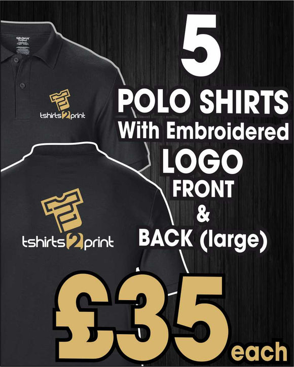 5 x Polo Tops with Embroidered LOGO FRONT & BACK