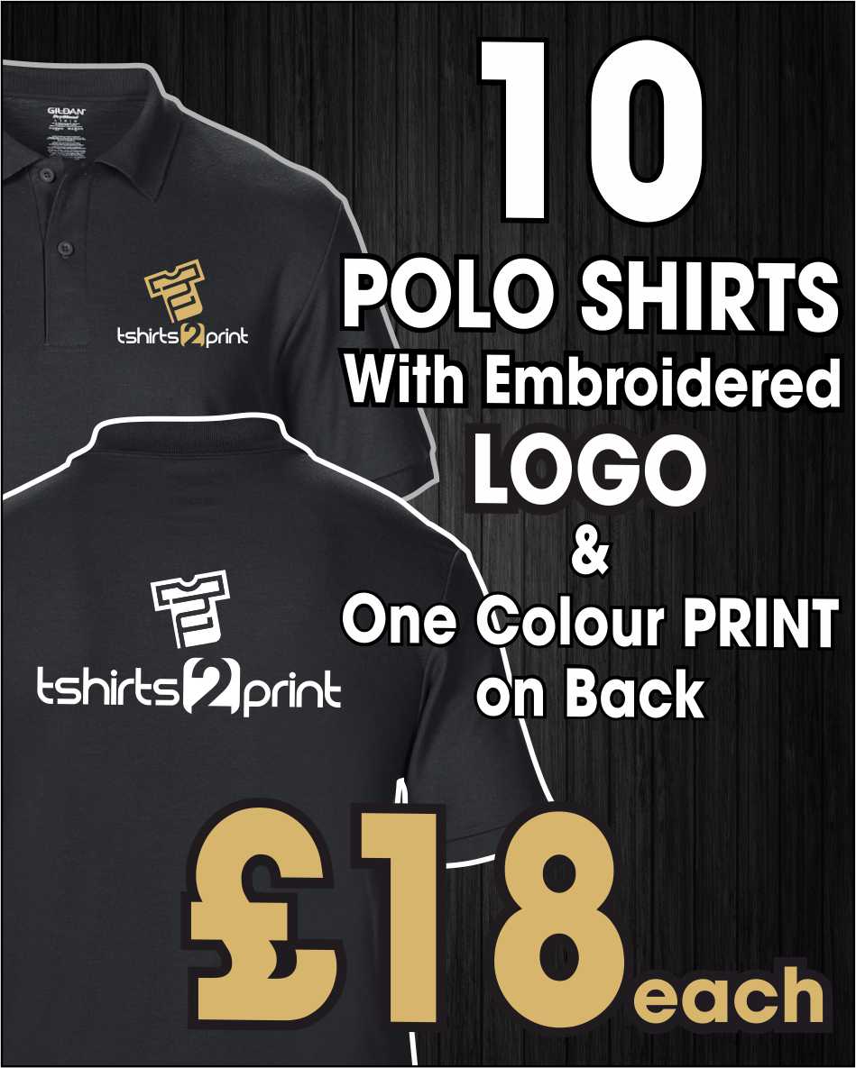 10 x Polo Tops with Embroidered LOGO & 1 colour PRINT on back